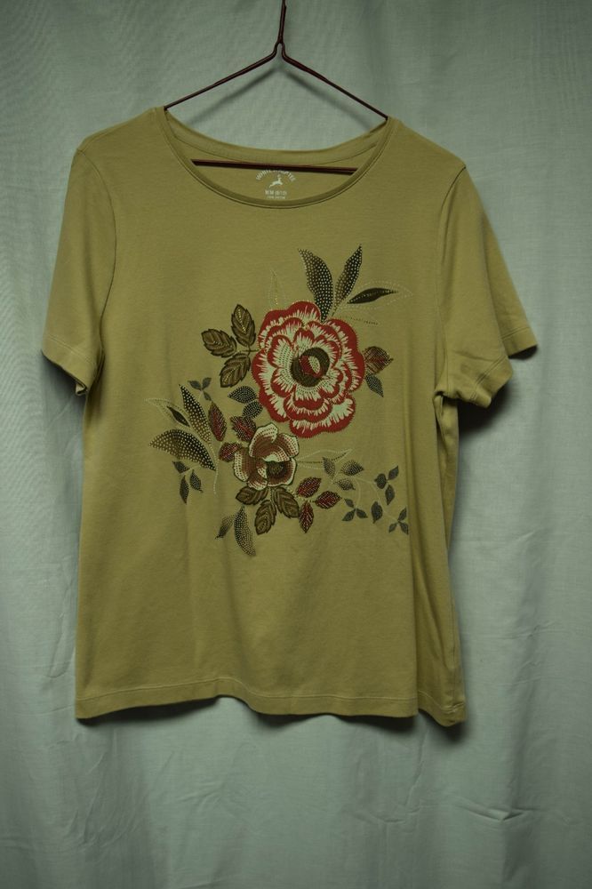 Stag 8 10 Tan Beige Floral Flowers Metallic Graphic Print Shirt