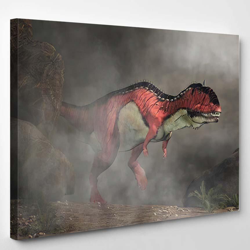 Red White Rajasaurus Black Stripes Emerges – Dinosaur Animals Canvas Print