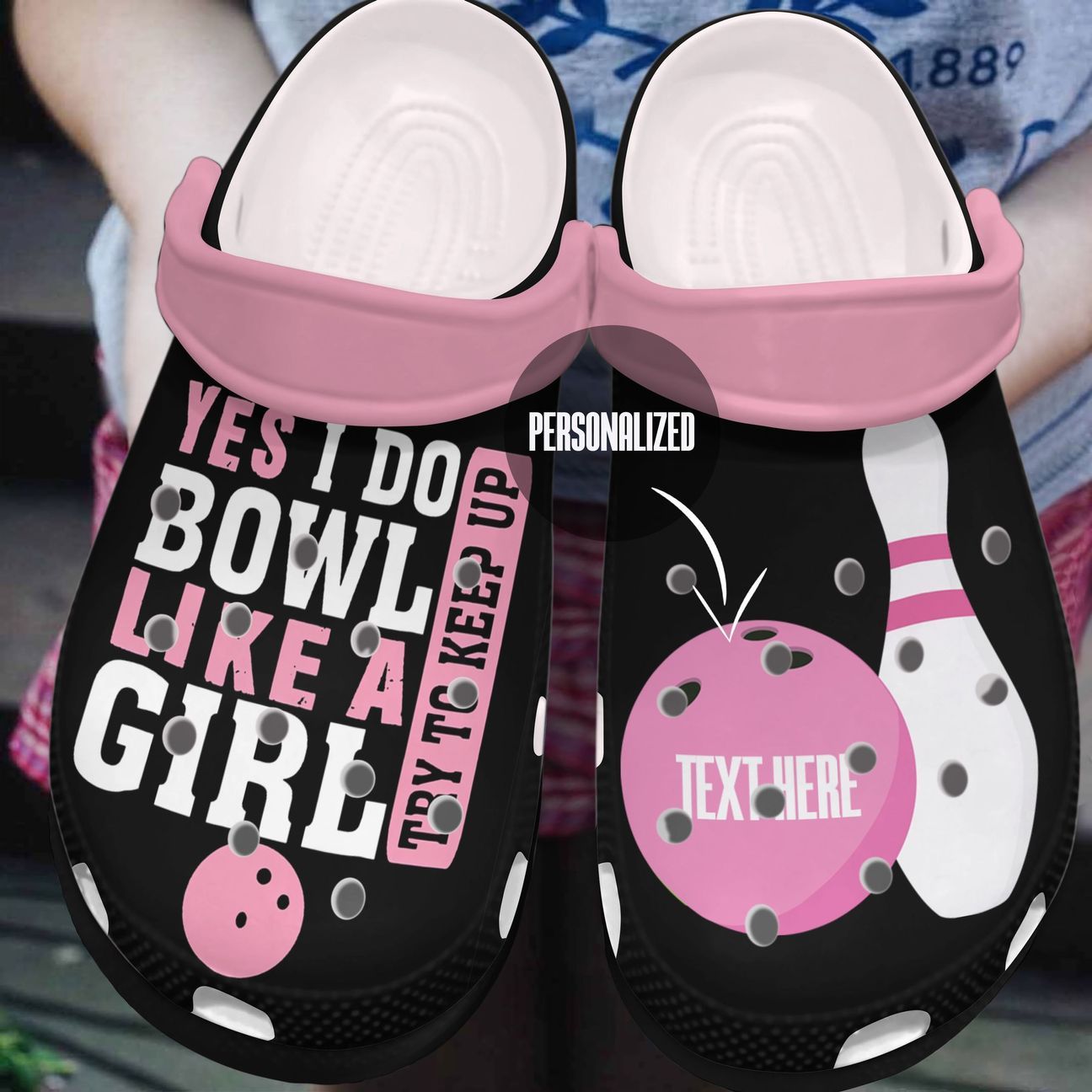 Bowling Personalized Clog, Custom Name, Text, Color, Number Fashion Style For Women, Men, Kid, Print 3D Pink Bowling Ball