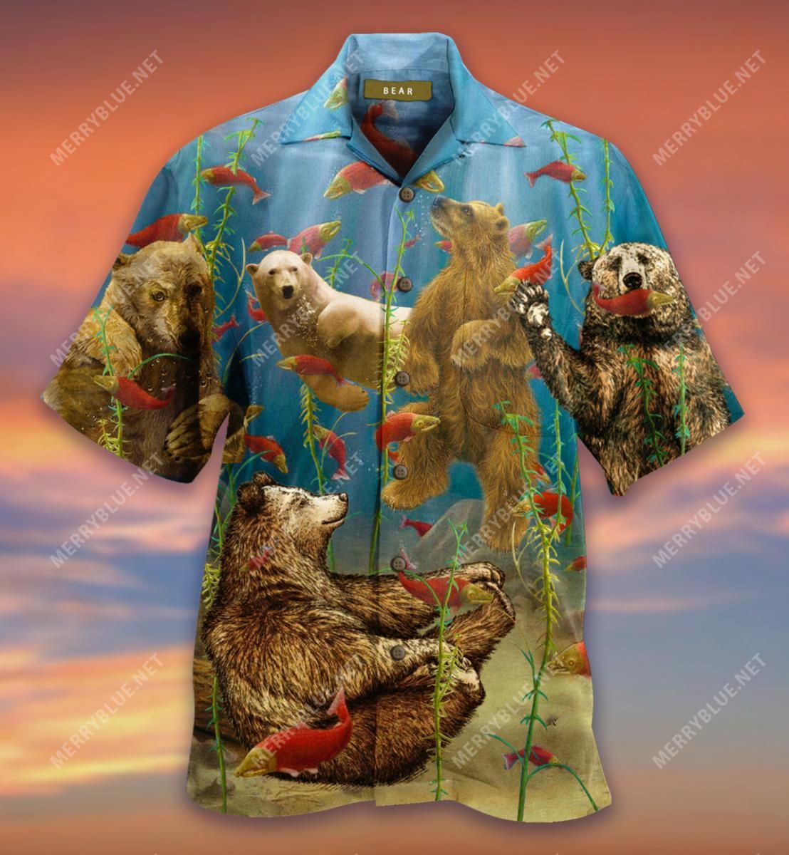 Bear Swim With Salmon Aloha Hawaiian Shirt Colorful Short Sleeve Summer Beach Casual Shirt For Men And Women