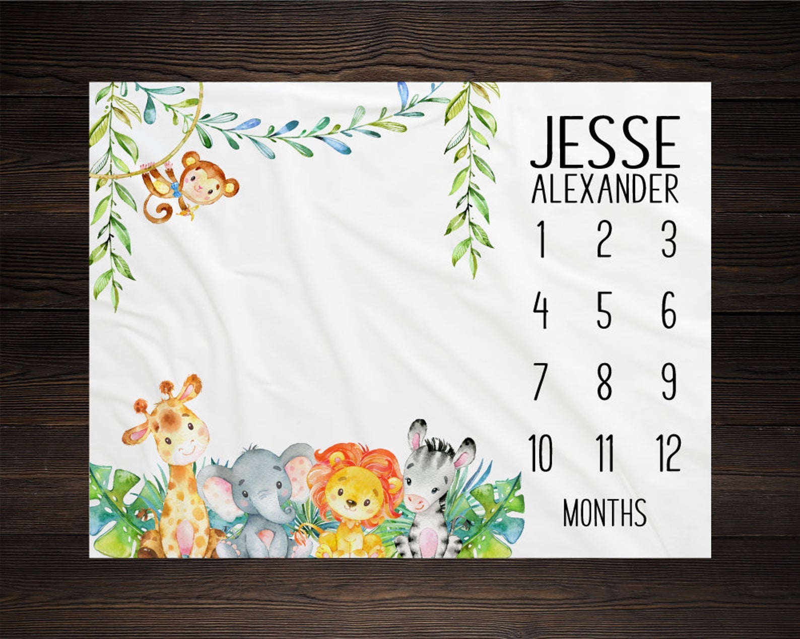 Safari Animals Milestone Blanket, Monthly Growth Tracker Soft Fleece Blanket, Baby Shower Gift, Newborn Gift Blanket, Watch Me Grow Baby Boy