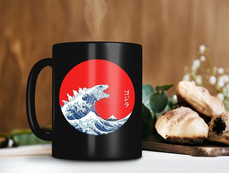 Black Mug Godzilla In The Great Wave Off Kanagawa Art Mug Godzilla vs Kong Mug Retro Vintage Mug Premium Sublime Ceramic Coffee Mug H99