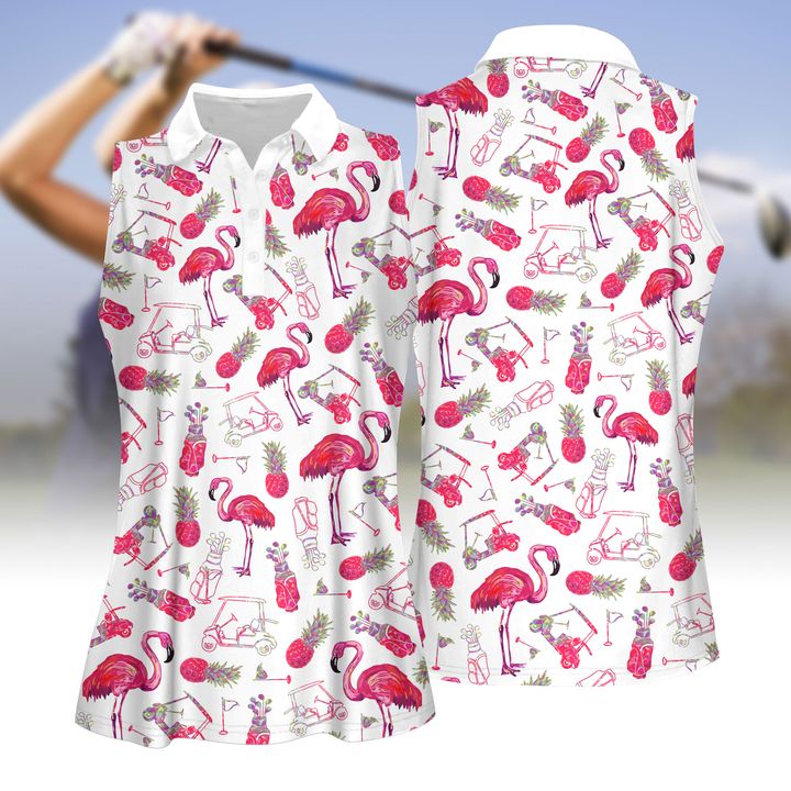 Flamingo And Golf Summer Pattern Women Golf Apparels, Golf Shirts For Women Sleeveless With Collar, Ladies Sleeveless Golf Shirt