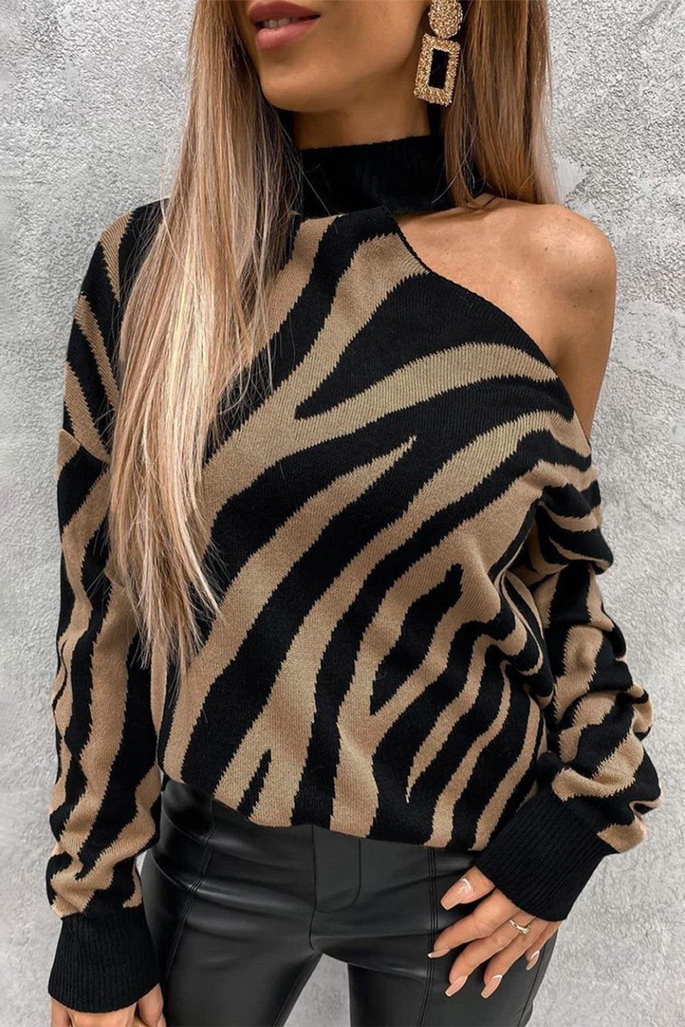 Zebra Print Mock Neck Cold Shoulder Sweater