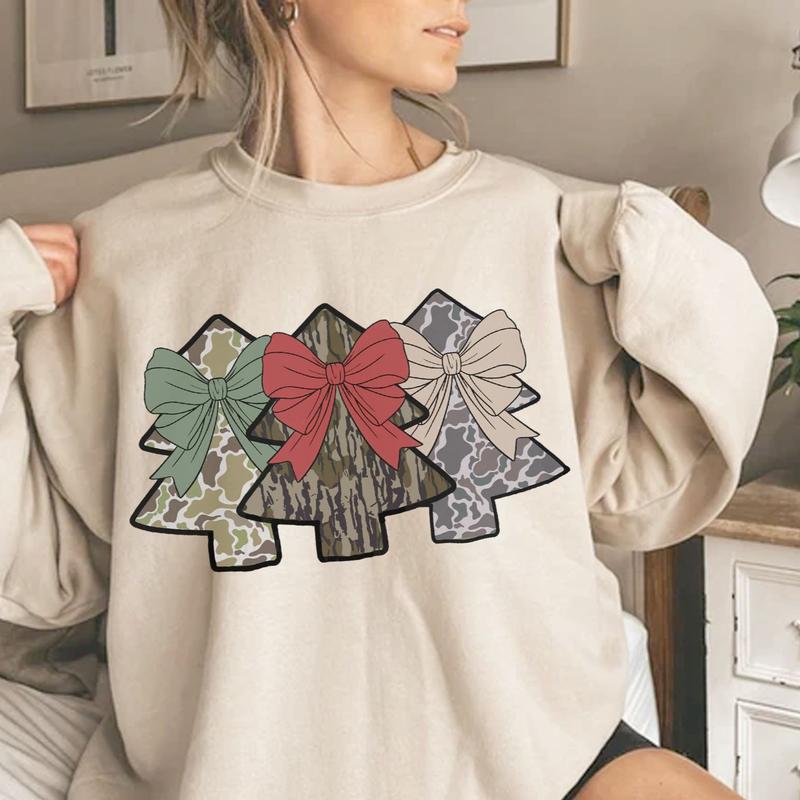 Coquette Bow Camo Christmas Trees Hunting Crewneck Sweatshirt, Retro Camo Bottomland Shirt