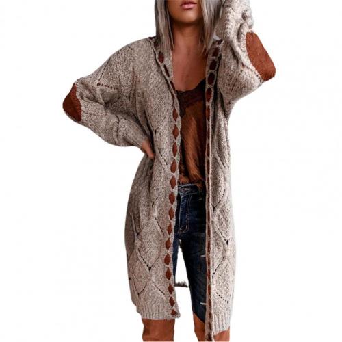 2021 Autumn Winter Fashion Simple Polyester Coat Cardigan Hooded Patchwork Knitted Long Women Sweater for Daily alx