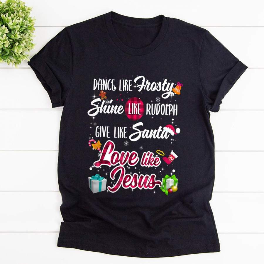 Dance like frosty shine like rudolph jesus cute shocks gifts pink candy cane black cotton t shirt for men and women S-6XL