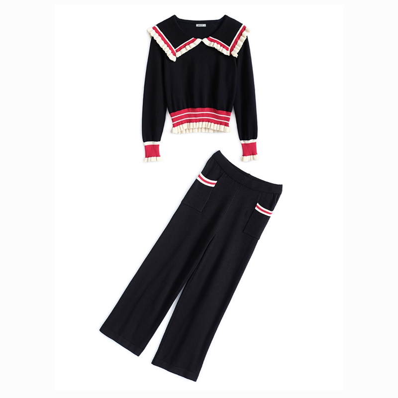 2022 Spring New Sweet 2 Piece Set Women Knitted Contrast Color Peter Pan Collar Long Sleeve Sweater Top + Slim Wrap Skirt Suit alx