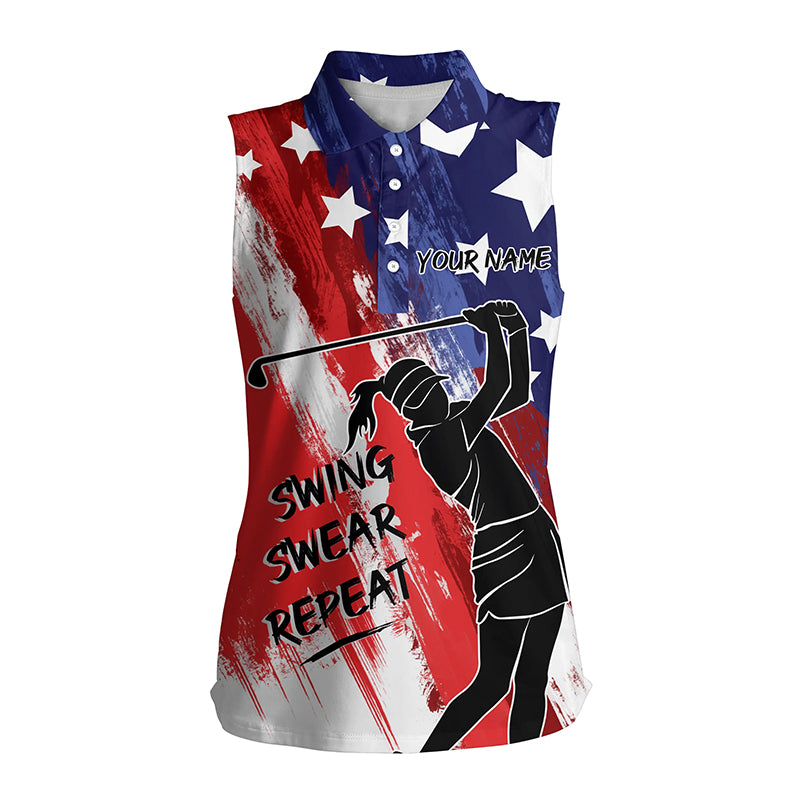 Red, White And Blue American Flag Sleeveless Polo Shirt Custom Swing Swear Repeat Patriotic Golf Shirt