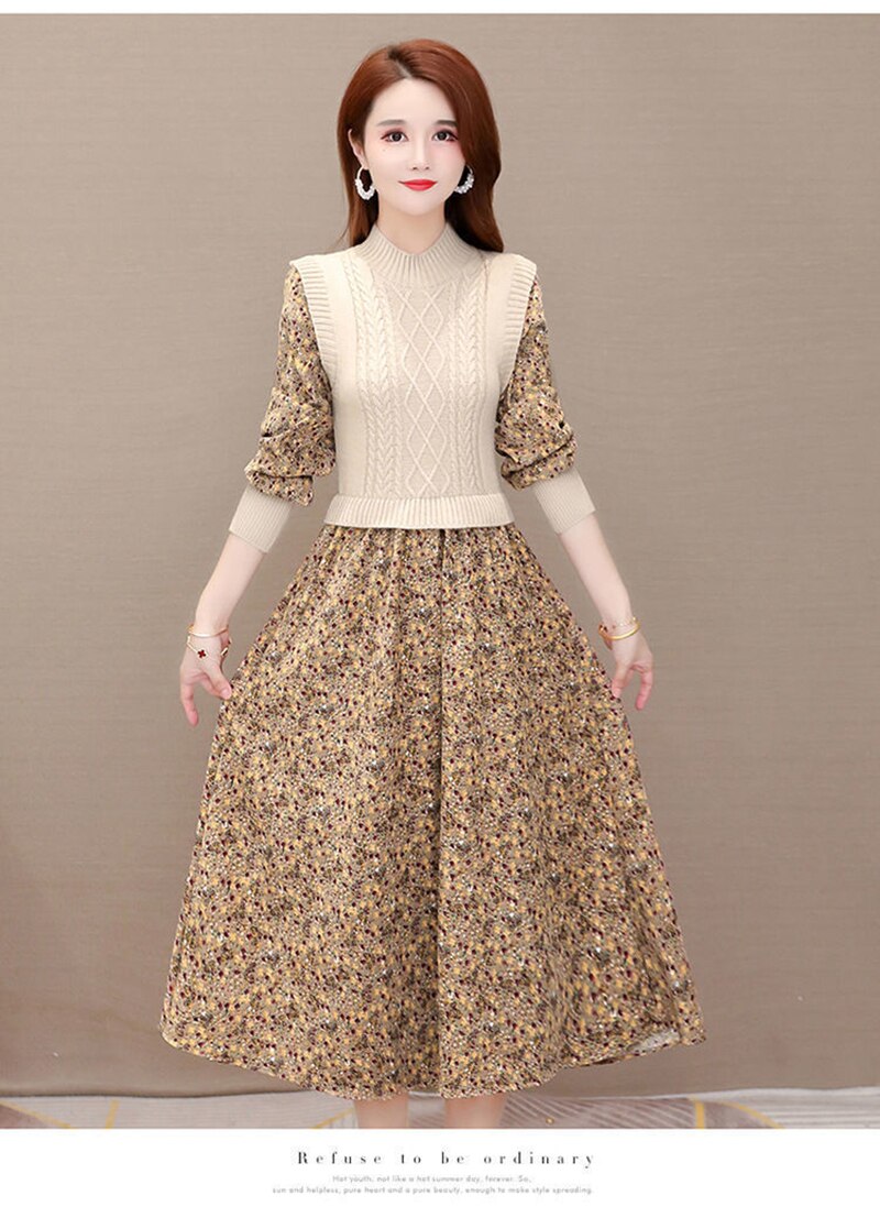 Women Winter Spring Floral Print Patchwork Faux Two Piece Knit Sweater Dress alx