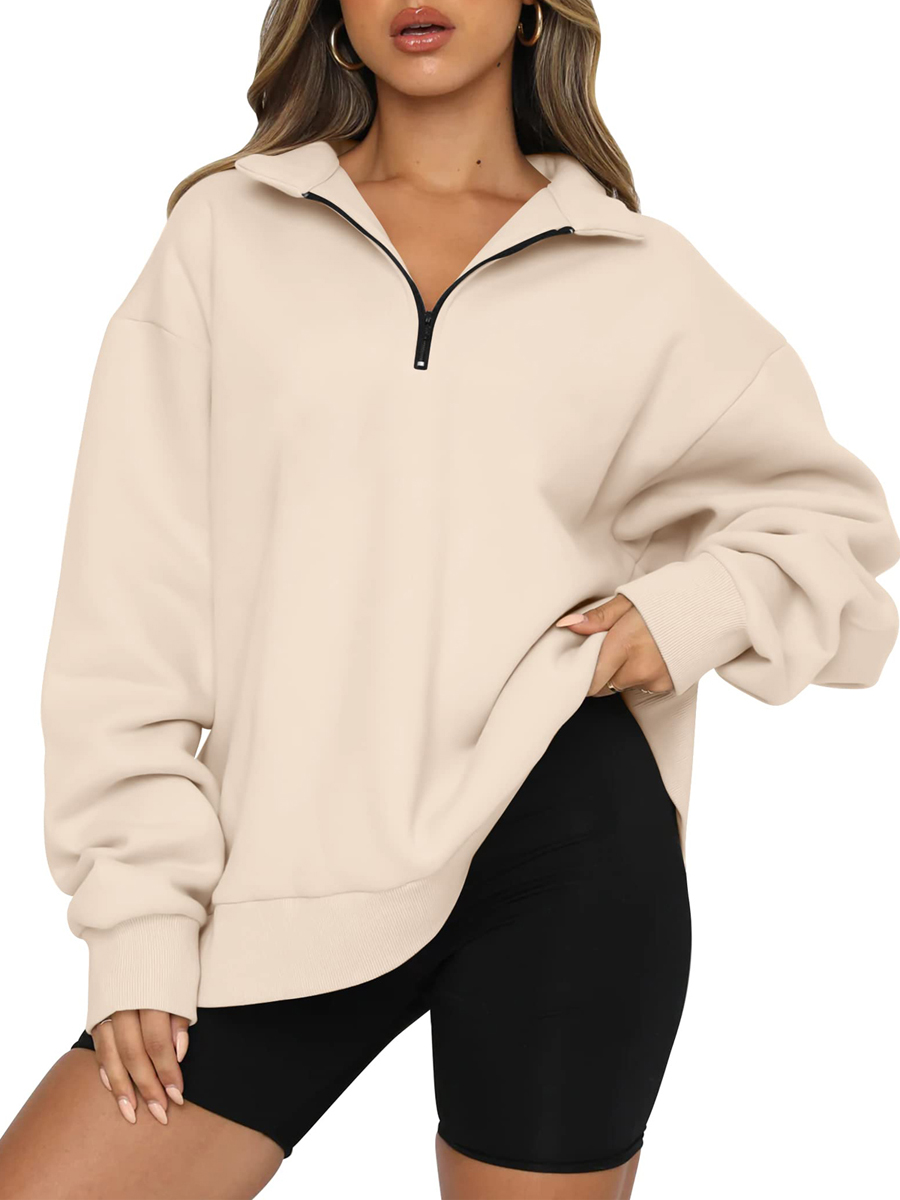 Women Casual Zipper Loose Sweatshirts Solid Color Long Sleeve Pullover Tops Spring Autumn Sportswear alx