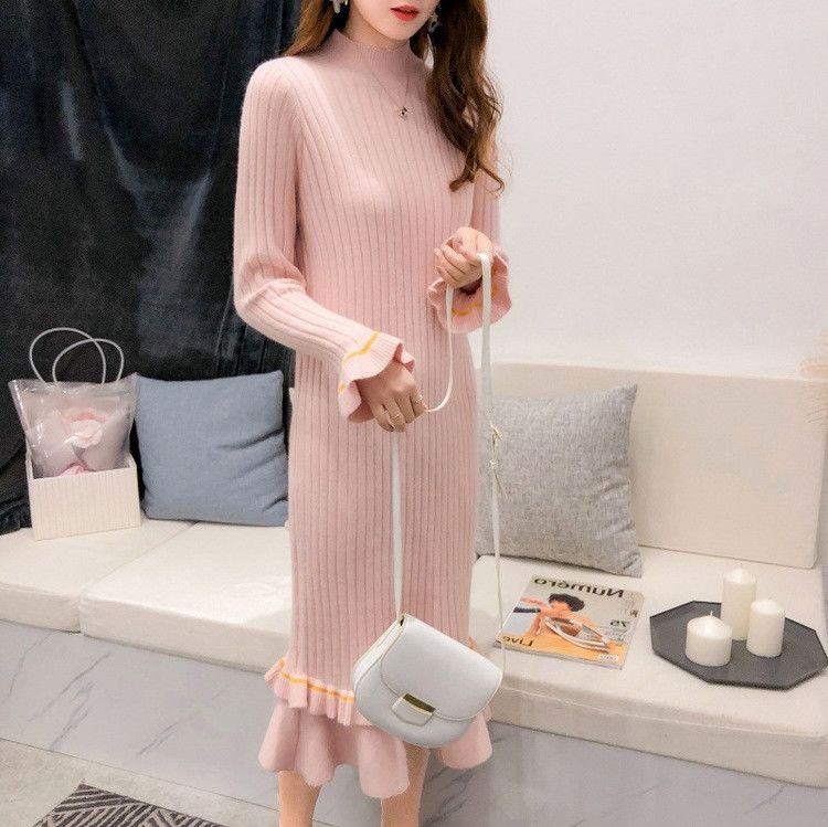 Vangull Knitted Sweater Dress Women Flare Sleeve Turtleneck Winter Dress 2019 New Autumn Solid Sweet Ruffle Elegant Long Dress alx