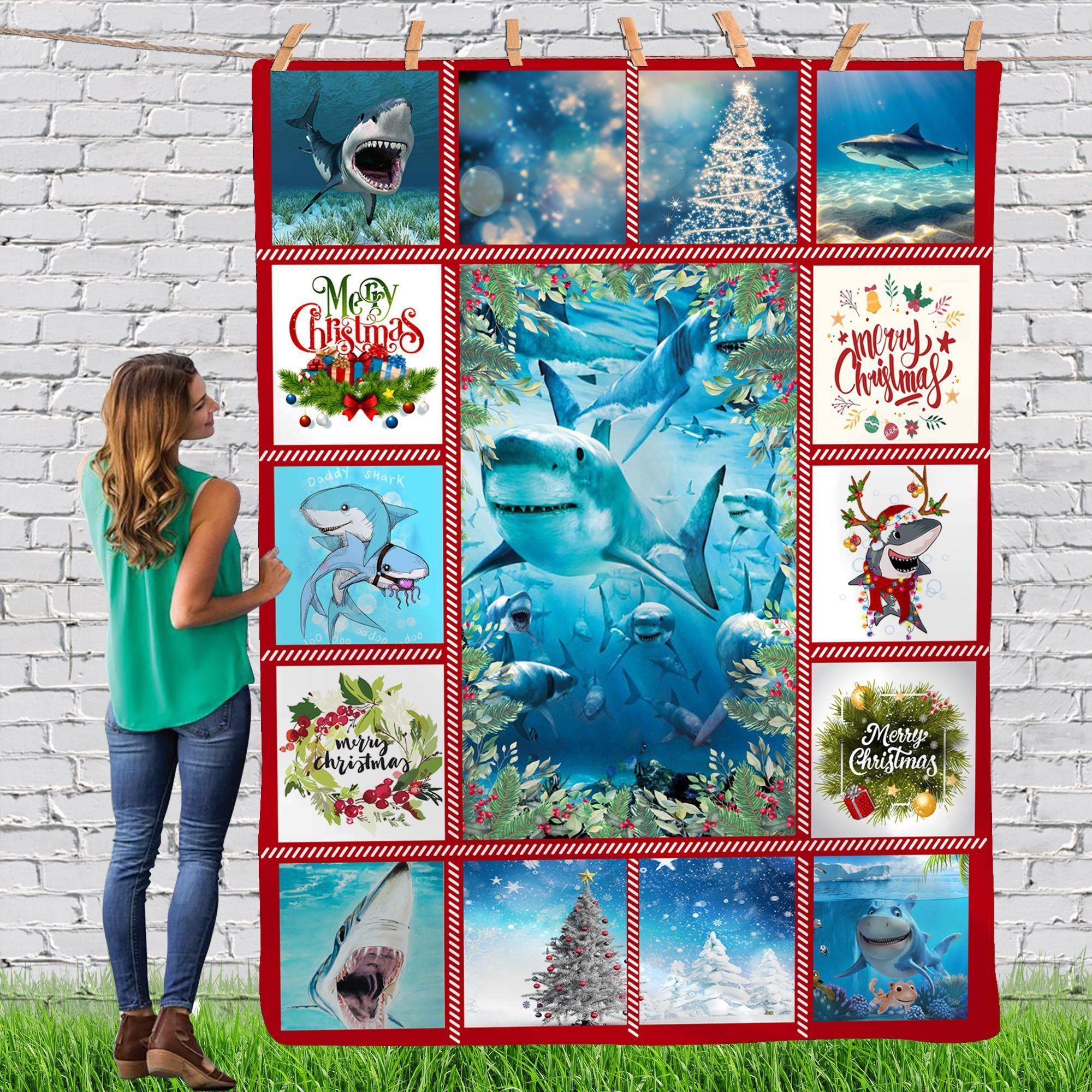 Shark Gorgeous Merry Christmas Animal Reindeer Xmas Fleece Blanket, Custom Blankets