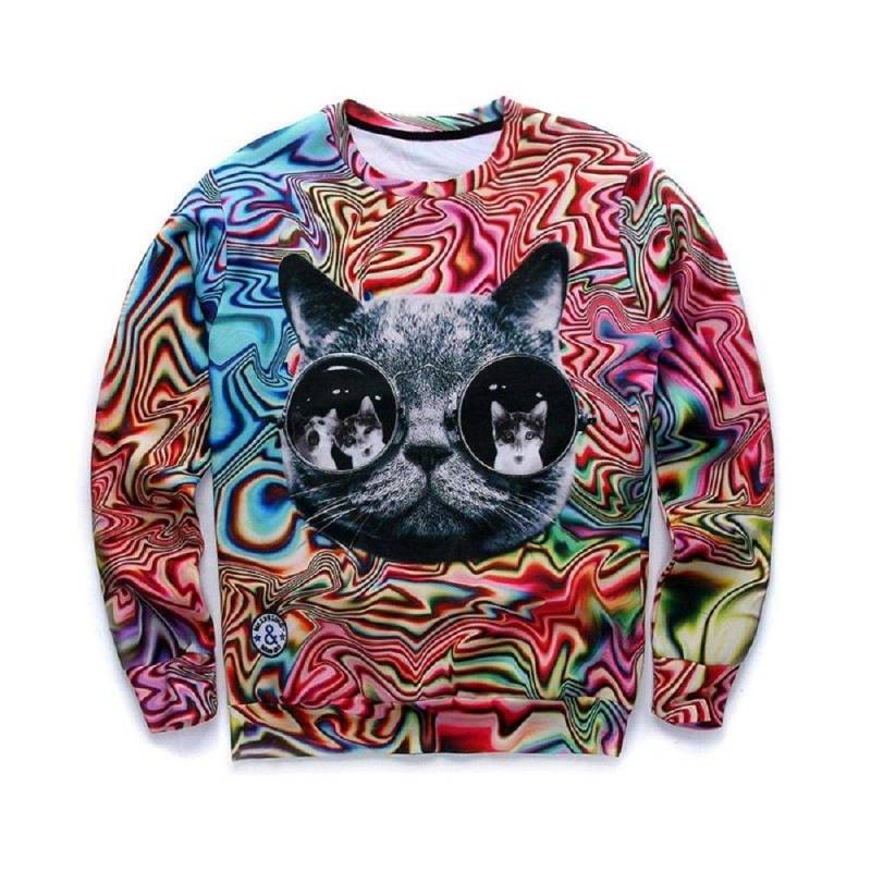 Psychedelic Cat Sweater – Hypnotic Blue Animal Pullover Polyester/ Spandex Jumper