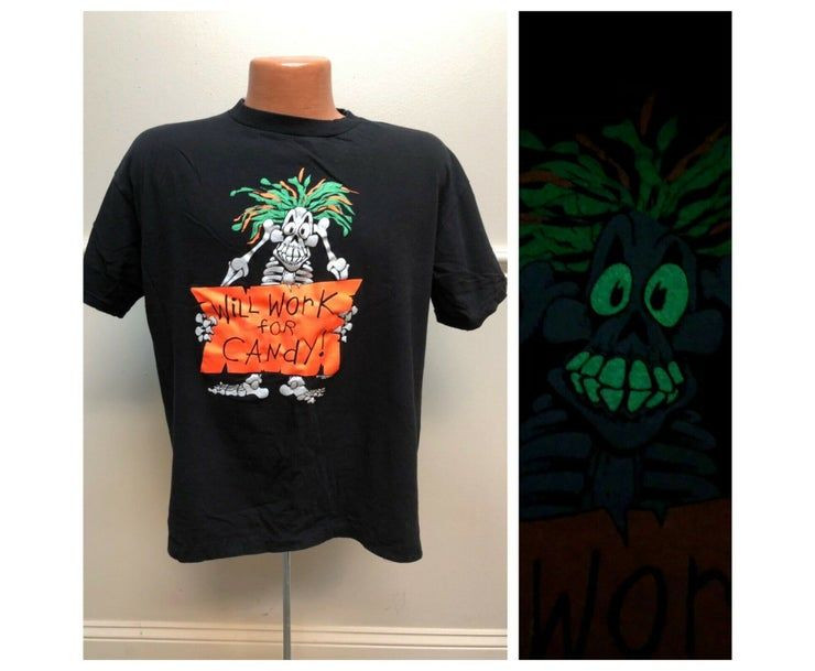 Vintage 1990S Halloween T-Shirt, Size Large – Brigand Graphics Skeleton, Glow In The Dark, Will Work For Candy