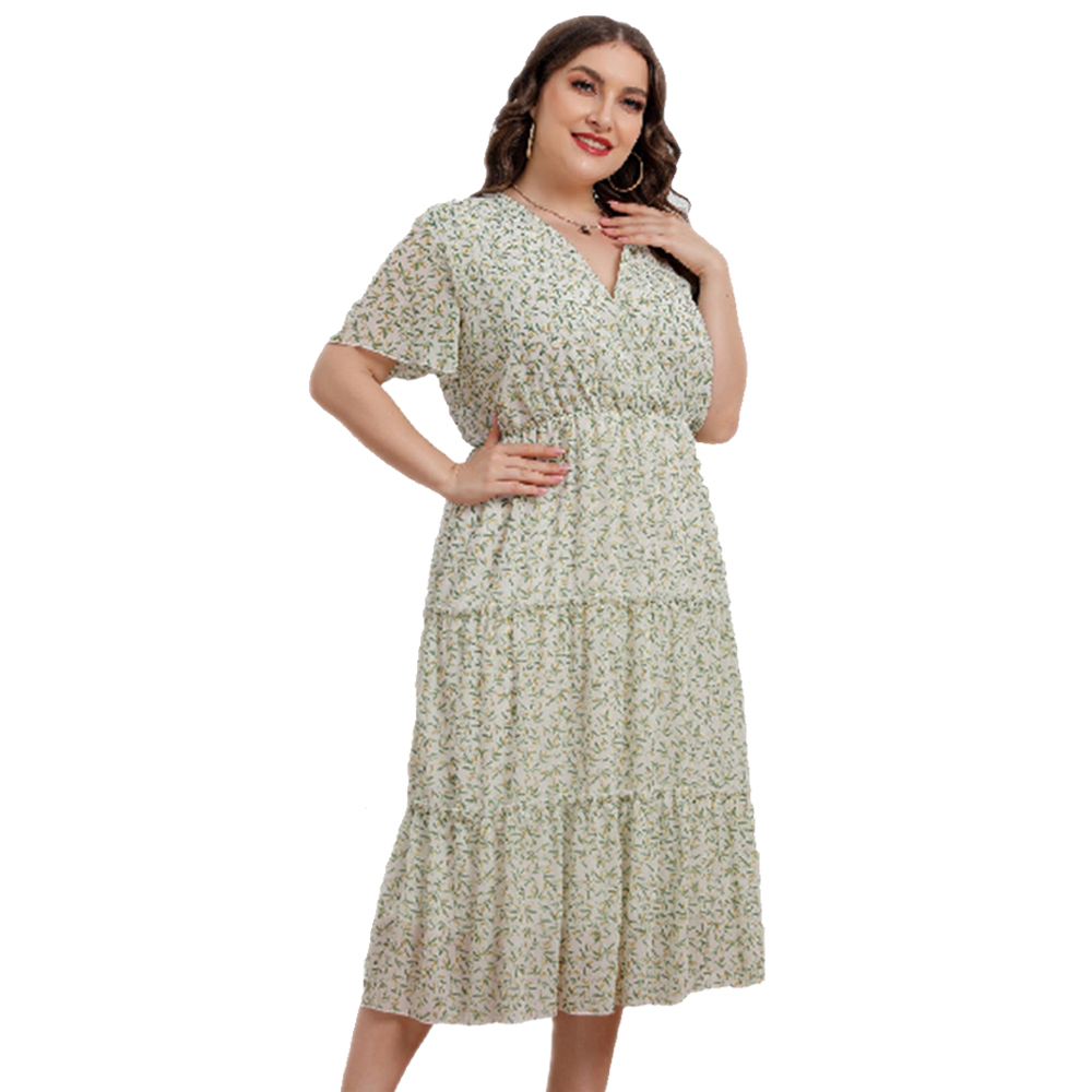 SOMOSHEIN Plus Size Women Clothing Fashion Floral V-Neck Loose High Waist Birthday Party Evening Dress Wholesale Dropshipping alx