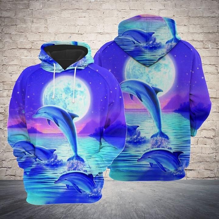 Dolphins Swimming Under Moonlight Retro Style For Dolphin Lover 3D T Shirt Hoodie Sweater