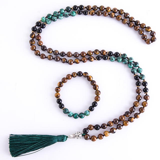 8mm Yellow Tiger Eyes Turquesa Africana Black Onyx Japamala Set Meditation Yoga Spirit Jewelry 108 Mala Beaded Tassel Necklace alx