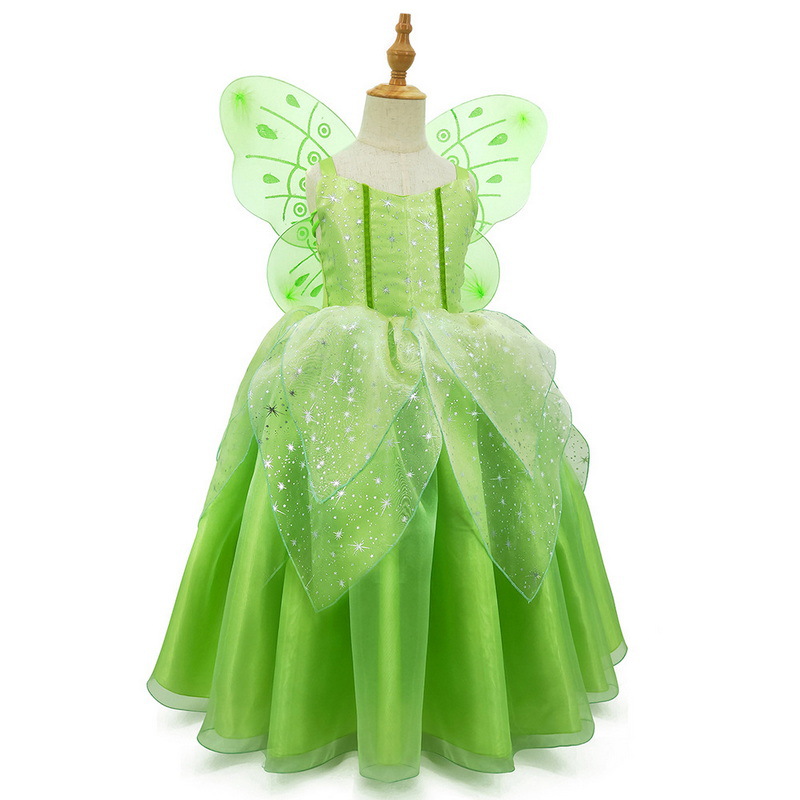 Tinker Bell Princess Dress Costume Halloween Cosplay Girls Green Flower Fairy Dress And Butterfly Wings Adult Kids Birthday Gift alx