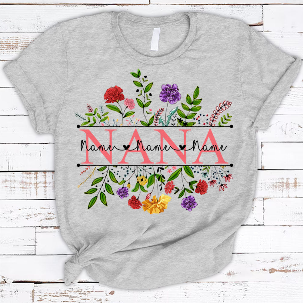 Personalized Nana With Grandkid’S Names Carnation Wildflowers Frame Shirt For Grandma Hn98 Do99