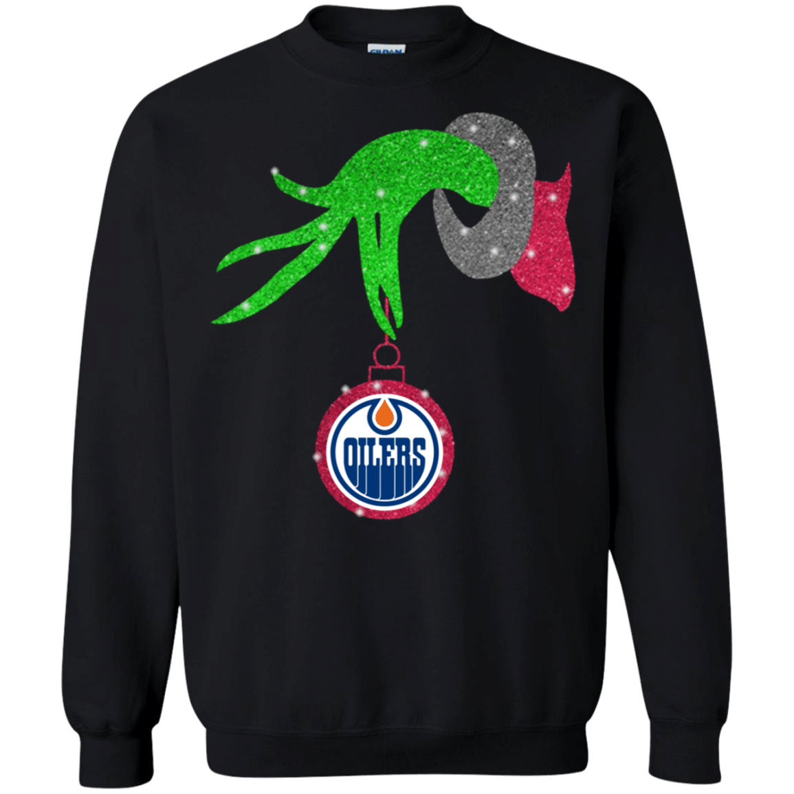 Check Out This Awesome Grinch Hand Holding Edmonton Oilers Glitter Christmas Shirt Sweatshirt