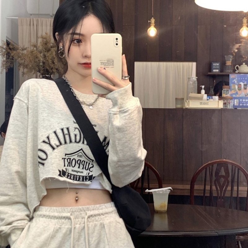 Autumn Irregular T-shirt Women Sexy Oversize Crop Tops Fashion Design Printing Long Sleeve All-Match Lady Sweatshirt Korean alx