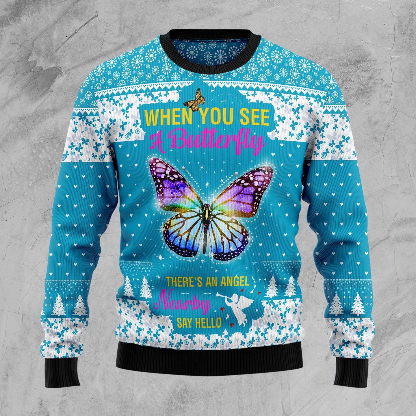 Butterfly Nearby Say Hello Ugly Christmas Sweater | For Men & Women | Adult | Us5032