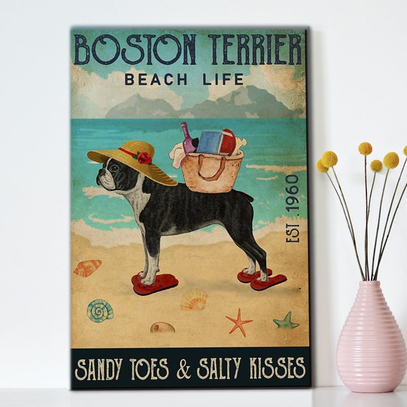 Boston Terrier Beach Life Sandy Toes & Salty Kisses Framed Wall Art Canvas