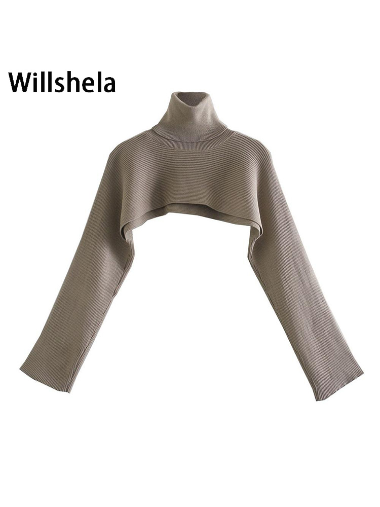 Willshela Women Knit Crop Top Knitted Arm Warmers High Neck Chic Sweater Casual High Street Cropped sweater alx