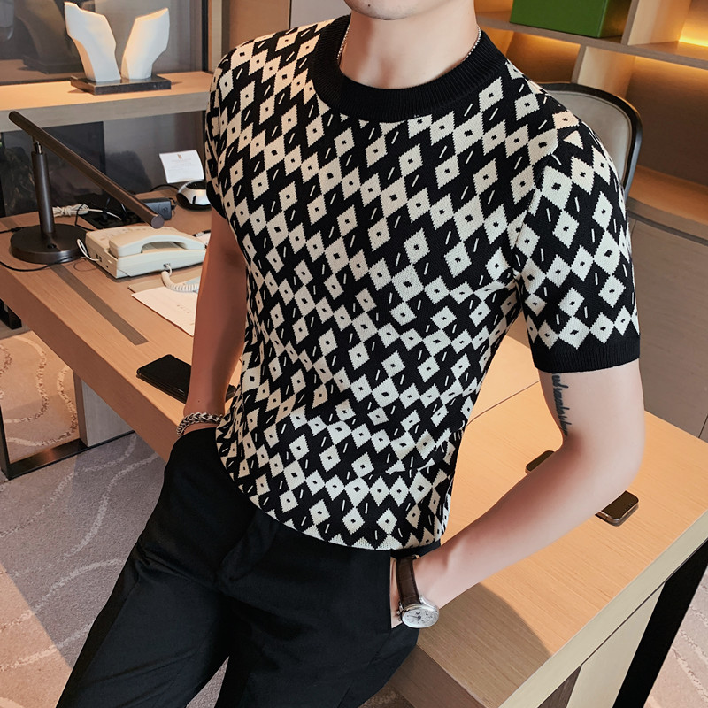 2022 Korean Style High Quality For Men Plaid Short Seeve Knit Sweater/Male Slim Fit Fahion O-Neck Set head Knit Sweaters Homme alx