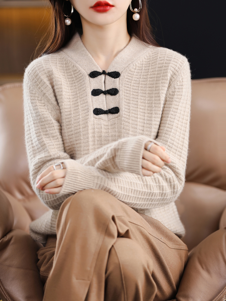 100% Merino Wool Sweater Women’s Autumn Winter New Buckle Half Turtleneck V-Neck Pullover Jacket Loose Fashion Knit Top Female alx