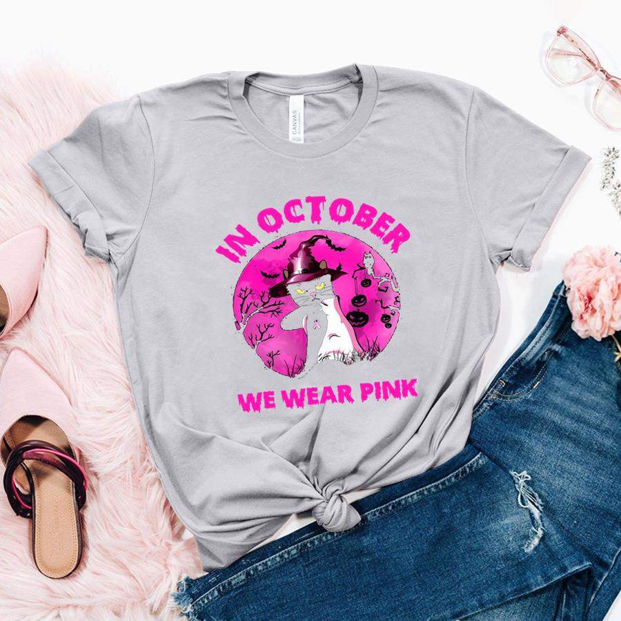 In October We Wear Pink Cat Pumpkin Breast Cancer Halloween Pullover Hoodie