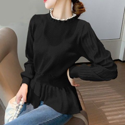 2022 Autumn New Korean Fashion Ruffles Splicing Folds Asymmetrical Knitted Sweaters Women’s Clothing Slim Casual Pullovers Tops alx