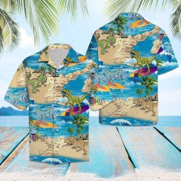 Shop Comic Dinosaur Surfing Tropical Hawaii Aloha Shirts Ha17597