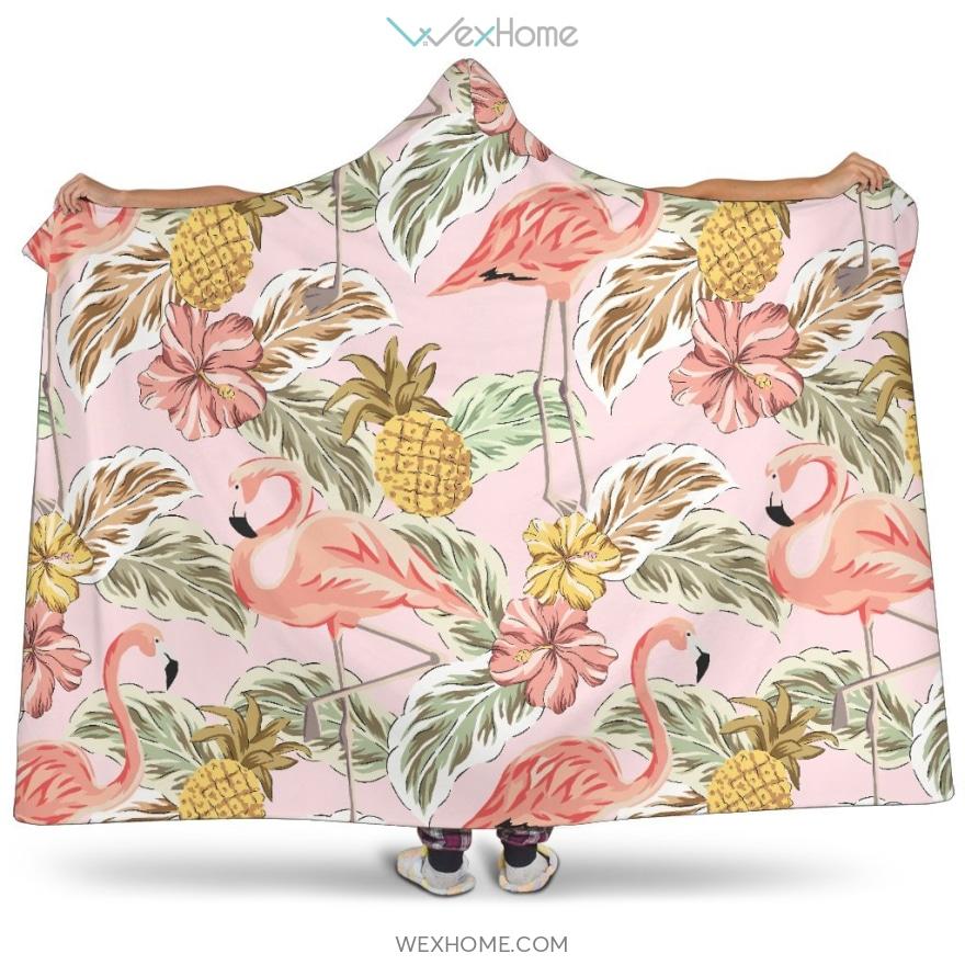 Pink Flamingo Birds Pineapples Hibiscus Flower Pattern Hooded Blanket