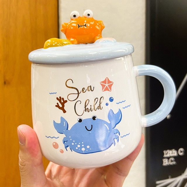 400Ml Cartoon Crab Coffee Mug Spoon Cup With Lid For Student