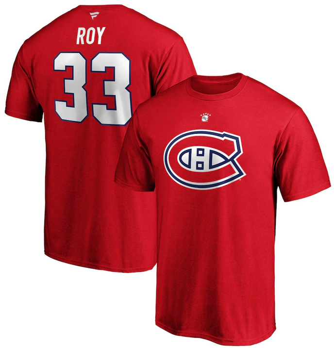 Men’S Montreal Canadiens Patrick Roy Fanatics Branded Red Authentic Stack Retired Player Name & Number T-Shirt