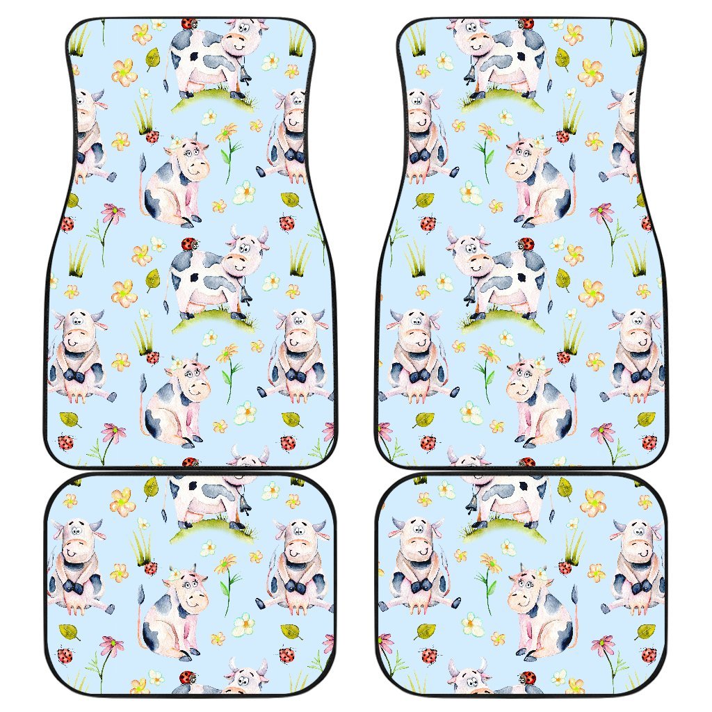 Watercolor Cartoon Cow Pattern Print Front And Back Car Floor Mats, Front Car Mat