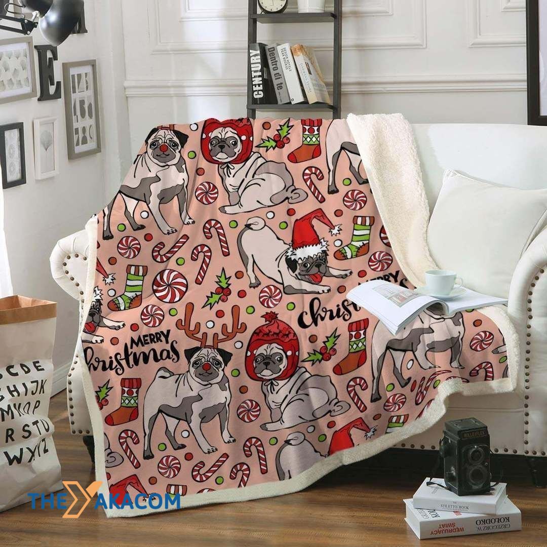 Cute Pug Christmas Design With Cartoon Style Candy Cane Pinky Background Blanket