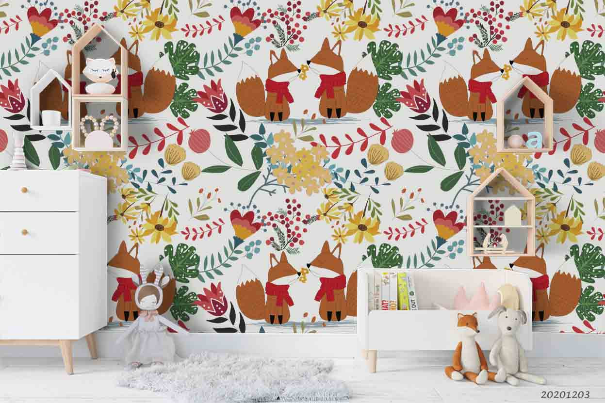 3D Cartoon Fox Animal Floral Plant Wall Mural Wallpaper Lxl