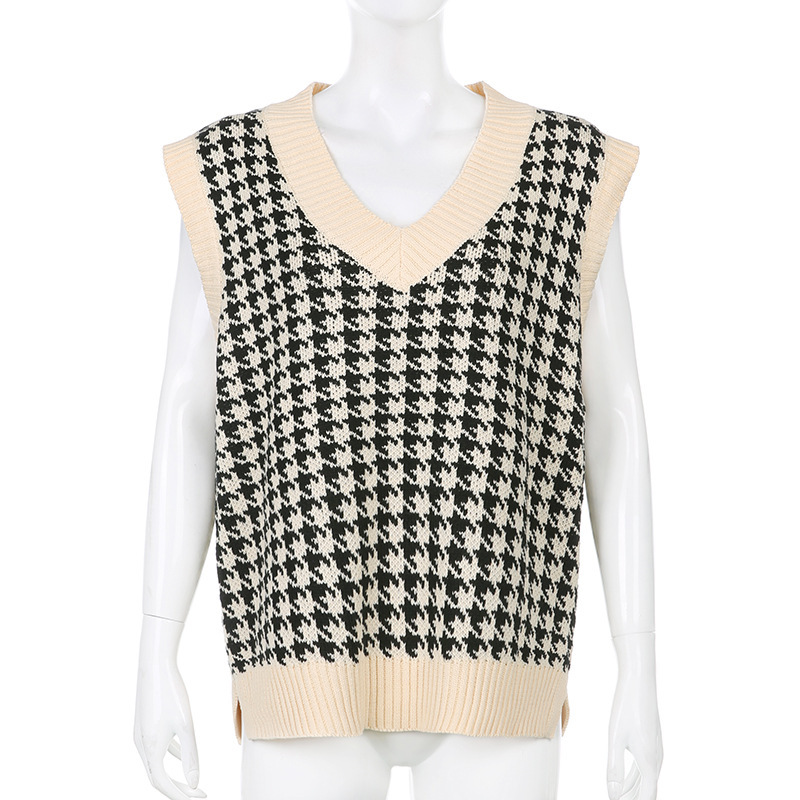 2021 Houndstooth Knitted Oversized Womens Sweater Vest Vintage Preppy Style Clothes V Neck Casual Loose 90s Knitwear Tops alx