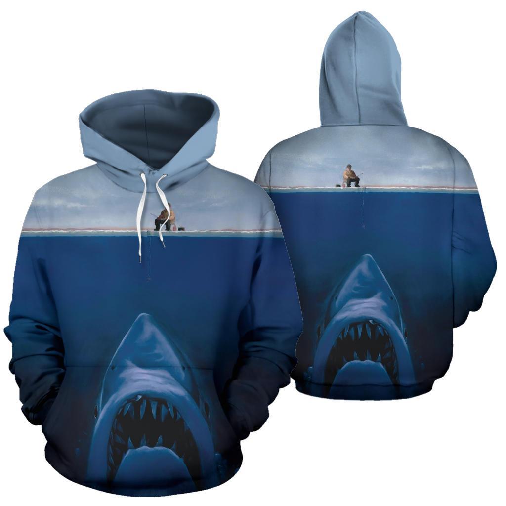 3D Fishing Hoodie Shark Fishing Blue Full Size