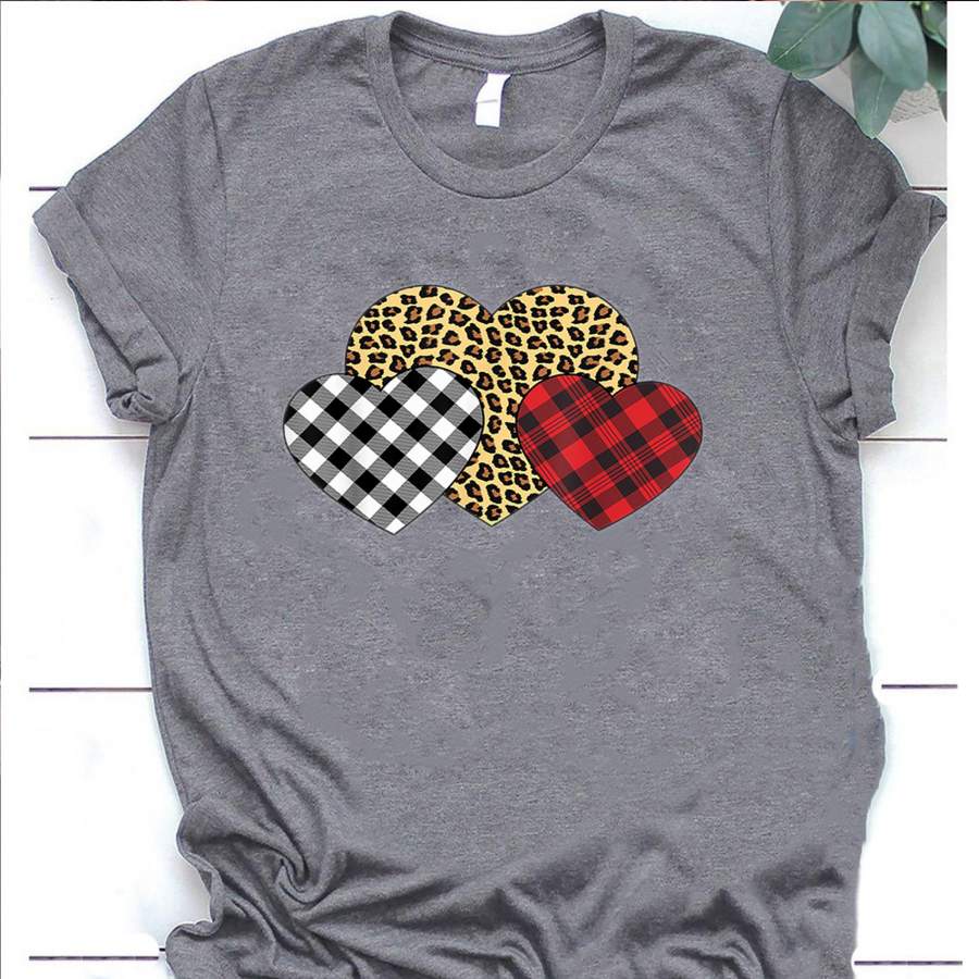 Striped Printed Splicing Three hearts leopard buffalo plaid valentine’s day girl t-shirt – GST