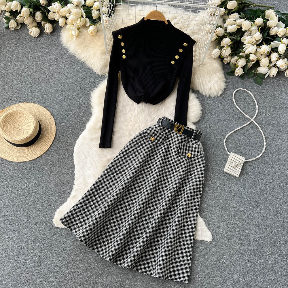 Autumn and Winter New Knitted Row Button Half High Collar Sweater + Retro Plaid A Word Tweed Half Body Skirt Two-piece Set alx