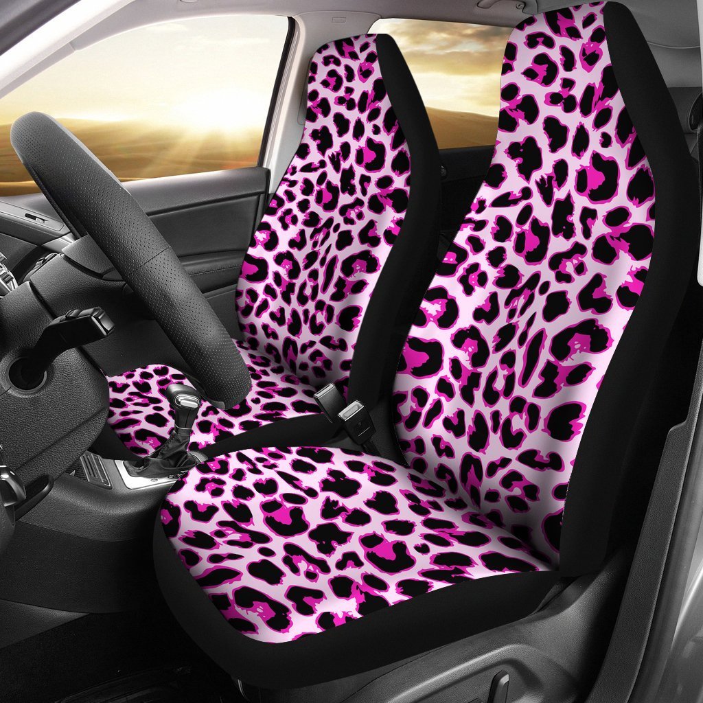 Pink Leopard Print Car Seat Covers Set 2 Pc, Car Accessories Car Mats Covers