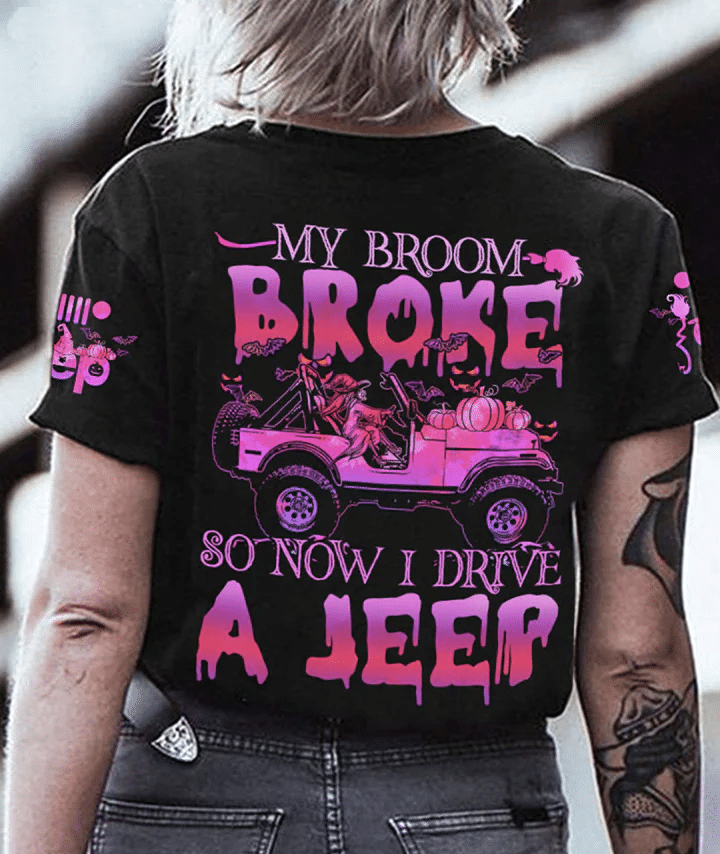 My Broom Broke So I Drive A Jeep Halloween Pink Black Unisex 3D T-Shirt