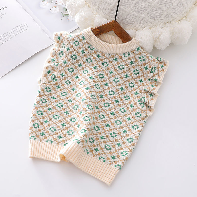 Autumn Winter Girls Waistcoats Knitted Sweater Vest O-neck Jacquard Weave Vintage Sleeveless Children Outerwear Coats Knitwear alx