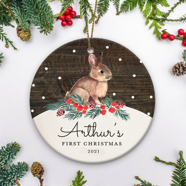 Personalized Baby’S First Christmas Ornament, Woodland Bunny And Snowflakes Ornament