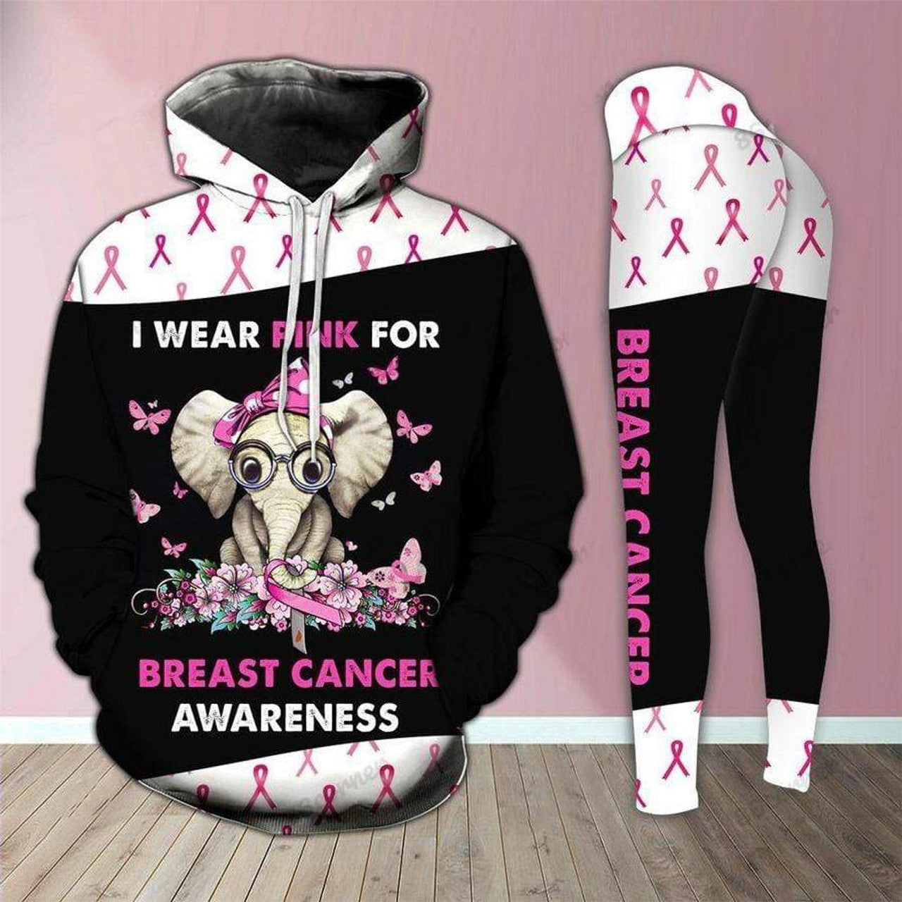 Breast Cancer Awareness Elephant Hoodie Leggings Set Survivor Gifts For Women Clothing Clothes Outfits Ht