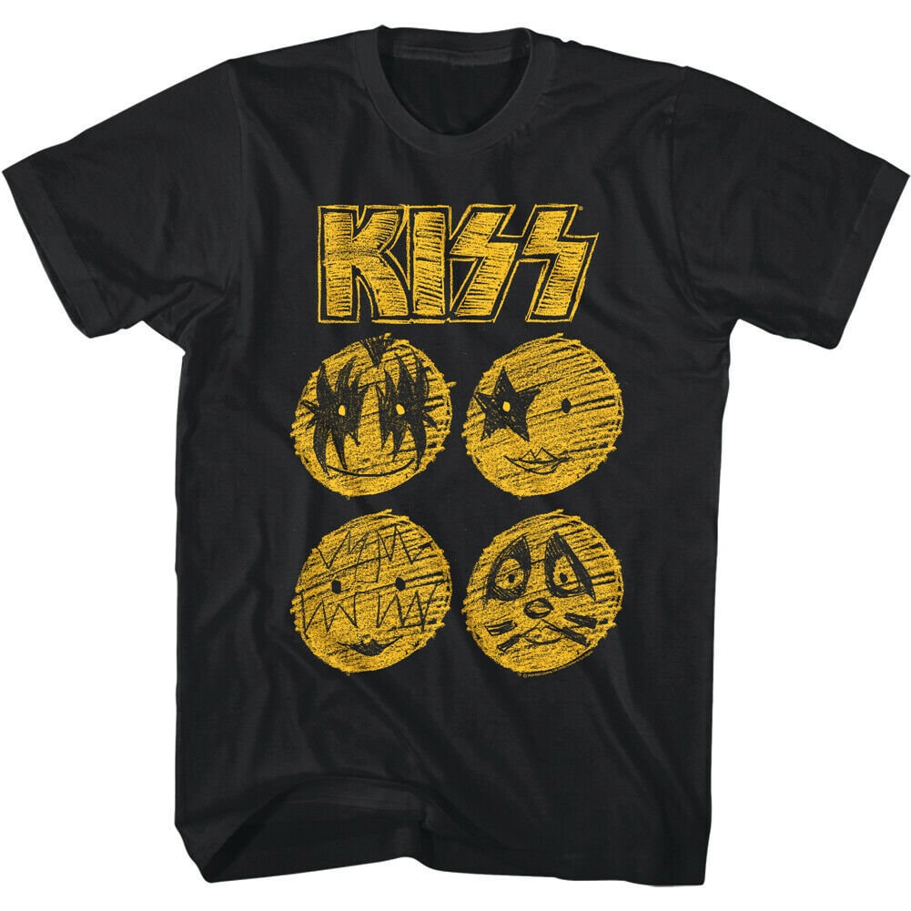 Kiss Band Men's T Shirt | Cartoon Faces Sketch Black Shirt | 70s Glam Rock Concert Tour Merch | Metal Band Tee | Official Music Merchandise